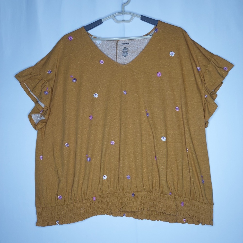 Sonoma Retro Floral Top‎ Women 4X Gold Knit Ruffle Flutter Smocked